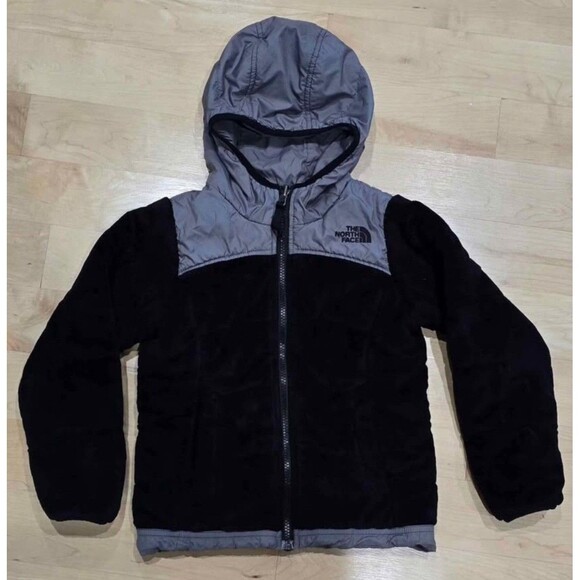 The North Face Girls Gray Black Reversible Fleece Hooded Jacket Size 6 - Picture 1 of 9